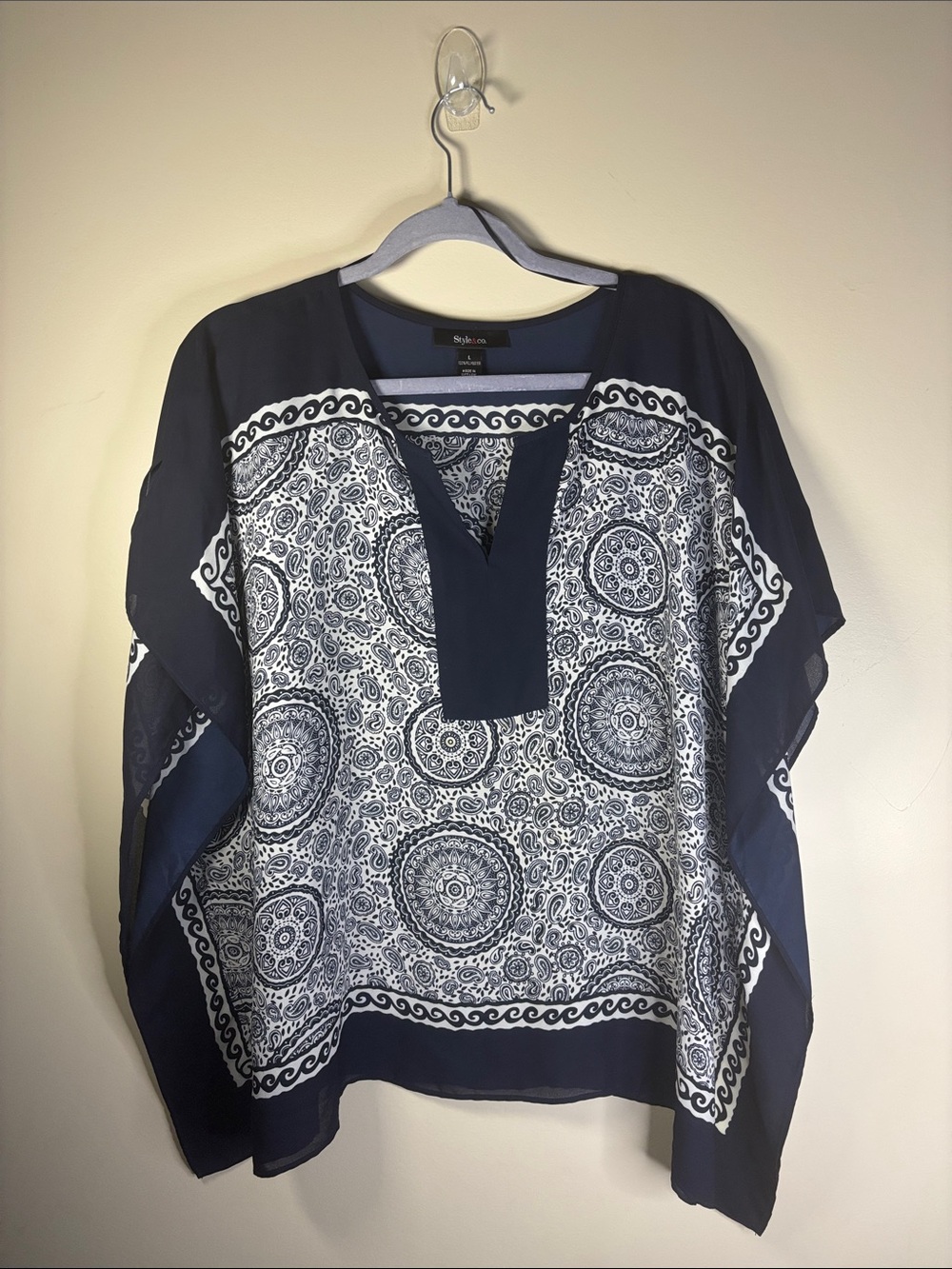 Style & Co. Navy and White Medallion V-Neck Tunic